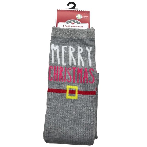 Holiday Time Accessories - Holiday Time Women's Knee High Gray Merry Christmas Size 4-10 New